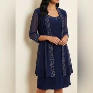R & M Richards Navy Midi Dress with Sheer Jacket Size 12